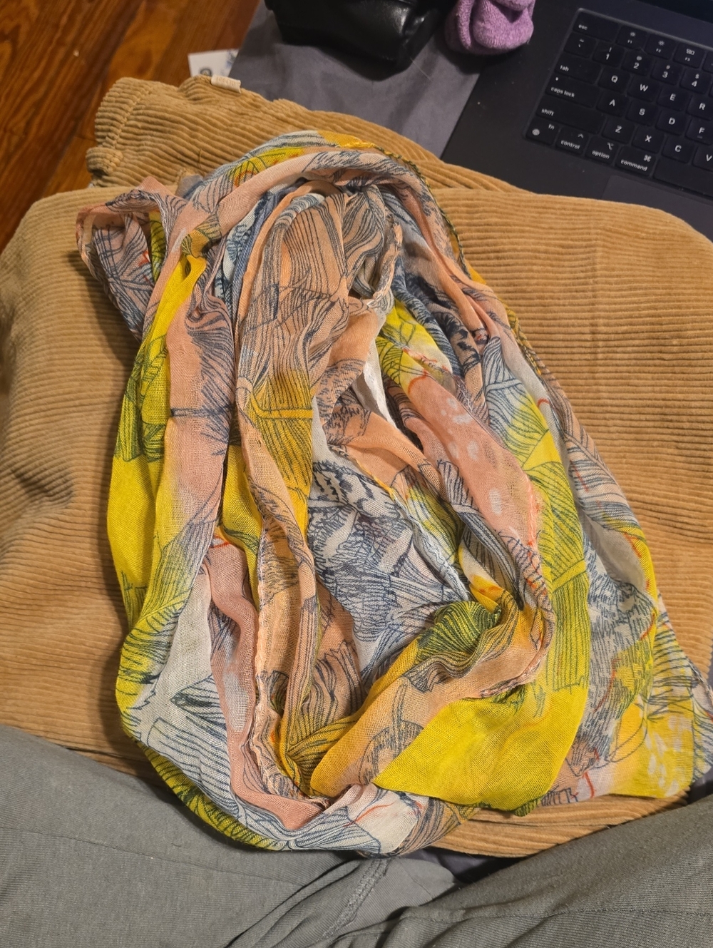 Lightweight Floral Print Infinity Scarf in Yellow, Peach & Gray